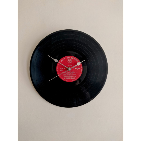 Hand Made Vintage Vinyl Record Wall Clock 30cm 12 inches Red and Silver